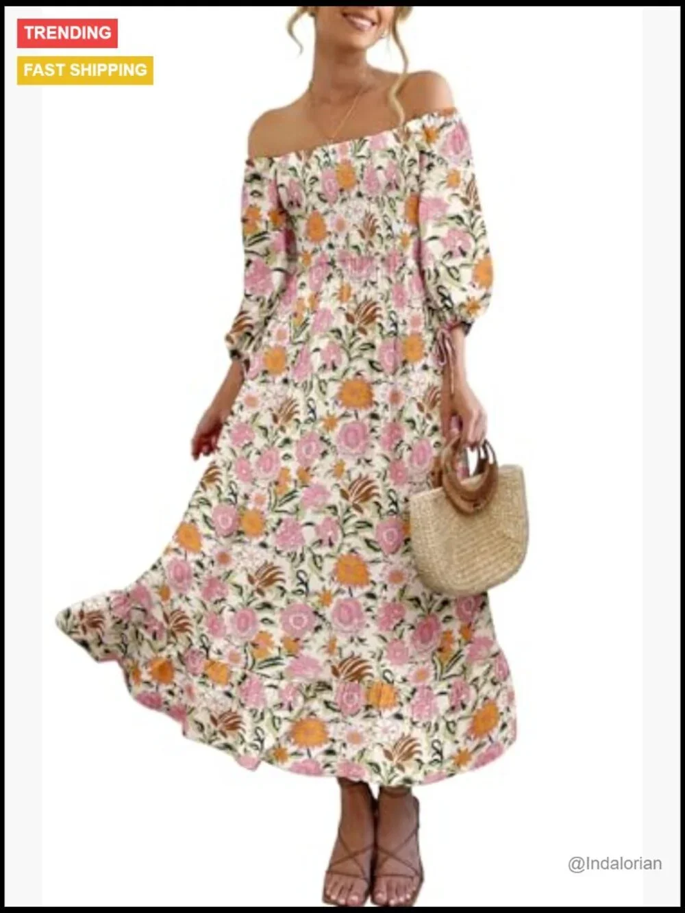 Puff Sleeve Square Neck Smocked A-Line Maxi Dress with Pockets - Picture 2 of 7